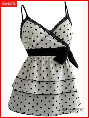 Polka Dot Babydoll Tank Top with Ruffle Hem and V-Neck